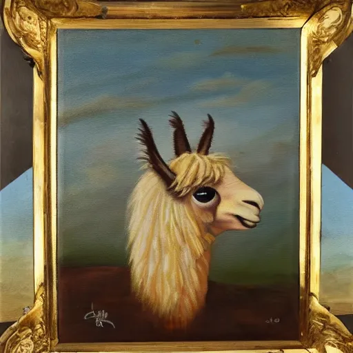 Prompt: an oil painting of a llama wearing fancy dress