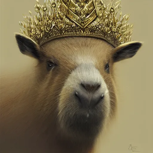 Prompt: detailed photorealistic mugshot of a capybara wearing a highly detailed ornamented crown, sharp focus, in the style of ruan jia, Mandy jurgens, cinematic light, concept art, trending on artstation, ultra realistic