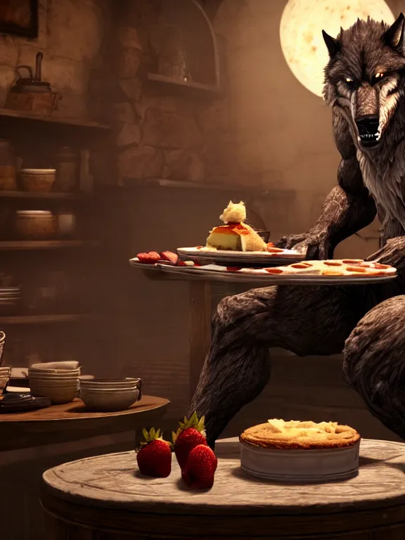 Image similar to cute handsome cuddly burly surly relaxed calm timid werewolf from van helsing sitting down at the breakfast table in the kitchen of a normal suburban home cooking having fun baking strawberry tart cakes unreal engine hyperreallistic render 8k character concept art masterpiece screenshot from the video game the Elder Scrolls V: Skyrim