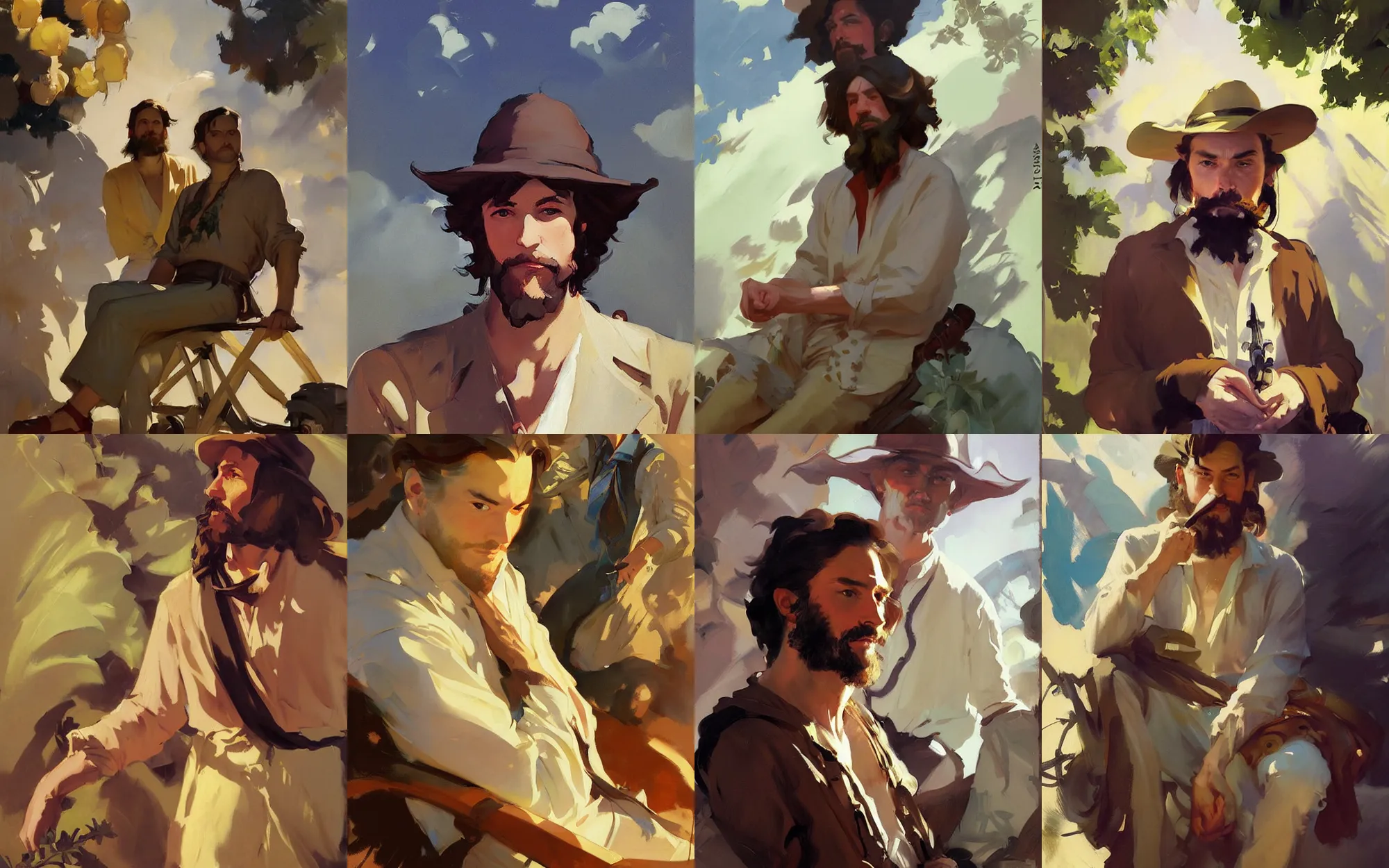 Prompt: portrait of vintage hippie men traveler greg manchess painting by sargent and leyendecker, studio ghibli, fantasy, medium shot, asymmetrical, intricate, elegant, matte painting, illustration, hearthstone, by greg rutkowski, by greg tocchini, by james gilleard, by joe fenton