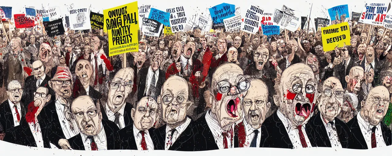 Image similar to an illustration of a crowd of angry political protestors with signs, by gerald scarf and ralph steadman, illustration, front angle, ink splatters, pen and ink, flat color, drawing, facing front, anatomically correct, beautiful perfect face, sharp focus, highly detailed, cinematic lighting, 8 k, hd