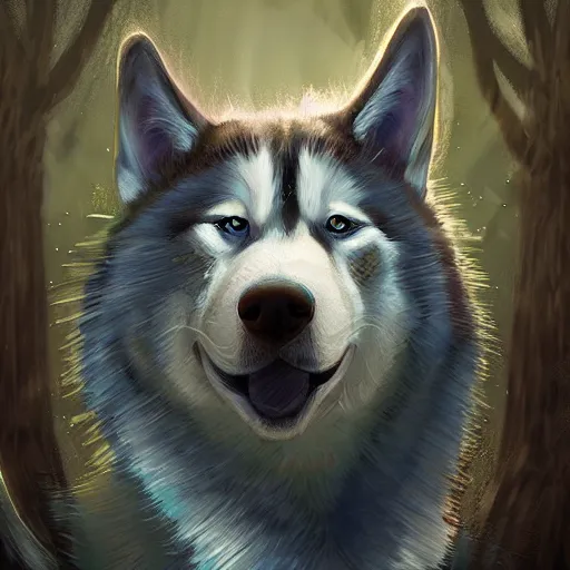 Image similar to Wizard Husky, Fantasy, Forest, Portrait, digital art, artstation, award winning, oil painting