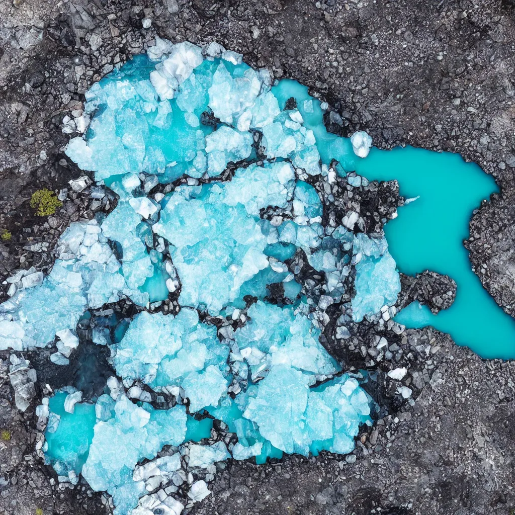 Image similar to bright blue pools of water surrounded by large facetted slabs of obsidian, patches of green moss, icy glaciers, Iceland, birds eye view