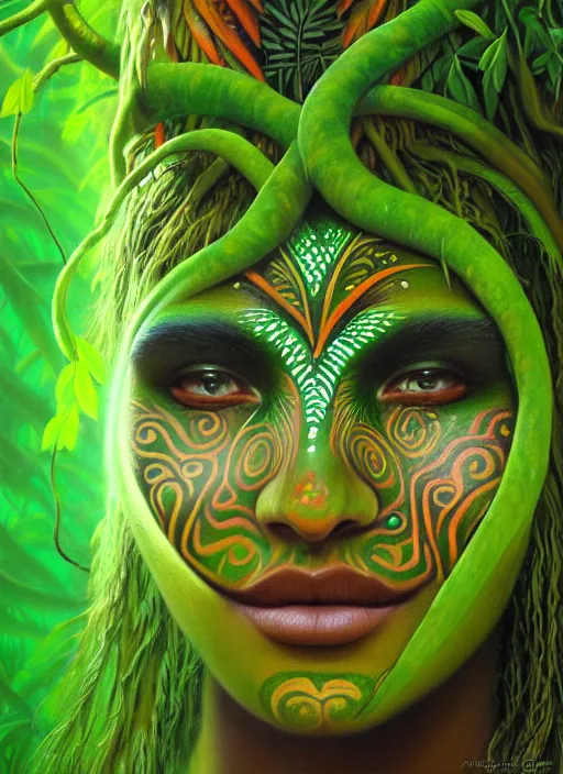 Prompt: the ayahuasca vine plant spirit mixed with the face of a beautiful indigenous woman with a third eye in the jungle, face painted in green, fractals, beautiful colors, matte painting, by christophe vacher