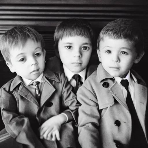 Prompt: “highly detailed photograph of a three kids on each other’s shoulders wearing a trench coat to look like a full size adult lawyer in a courtroom. Vintage 1970’s photography. 35mm.”