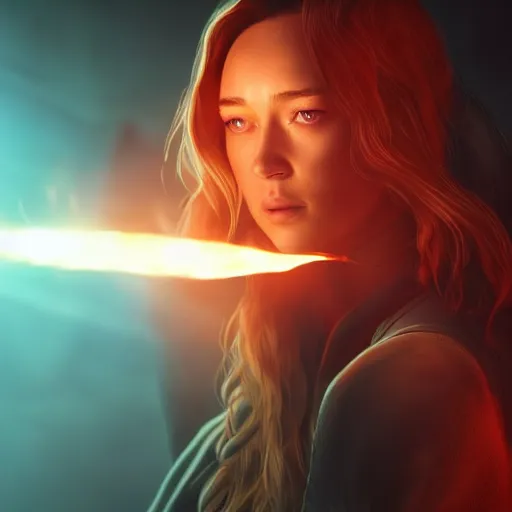 Image similar to alycia debnam-carey as a pyromancer with fire aura in the background, fantasy, illustration, octane render, detailed picture, concept art, Ray tracing reflection