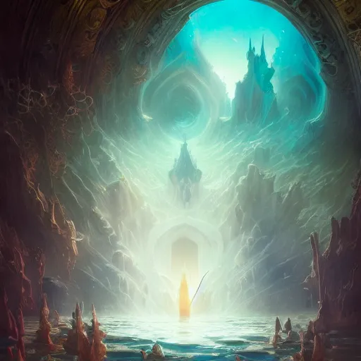 Prompt: a sunken gothic cathedral in the bottom of the ocean, rays of god, dramatic, epic, peter mohrbacher
