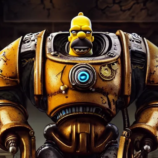 Image similar to Portrait of Homer Simpson as the emperor of humanity from warhammer 40k in Gears of War, splash art, movie still, cinematic lighting, dramatic, octane render, long lens, shallow depth of field, bokeh, anamorphic lens flare, 8k, hyper detailed, 35mm film grain