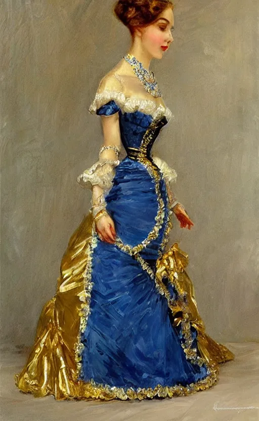 Prompt: Elegant laydy in blue robotic victorian dress with gold ornaments. By Konstantin Razumov, highly detailded