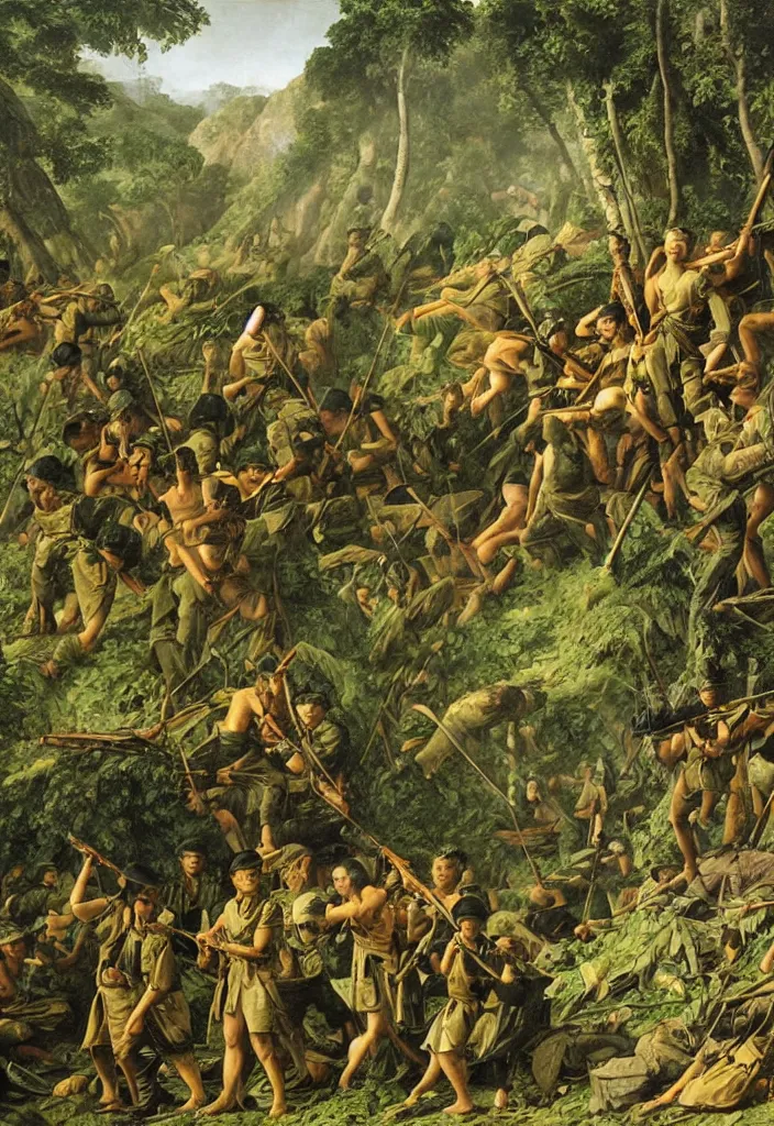 Image similar to vietnam war by jacques - louis david, green jungle, helicopters, battlefield