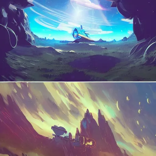 Image similar to a spaceship crashed into a beautiful foreign planet. The spaceship is buried in the ground. in the style of digital art, artstation trending, rossdraws, breath of the wild