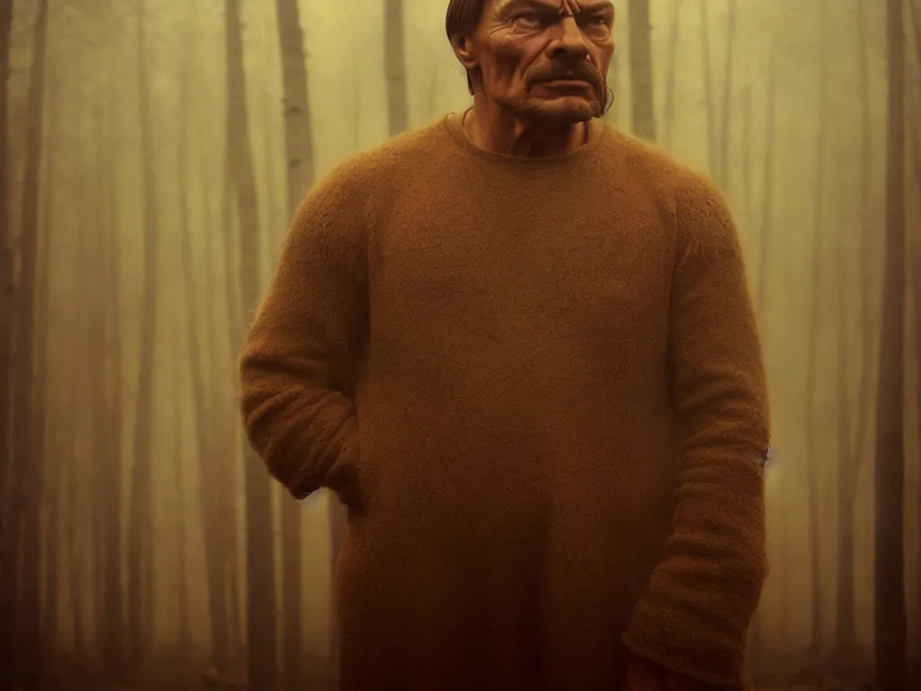 Prompt: medium portrait of muscular man, solemn expression, faded color film, russian cinema, tarkovsky, kodachrome, heavy birch forest, long brown hair, old clothing, heavy fog, atmospheric haze, brown color palette, sunset, low light, dramatic lighting