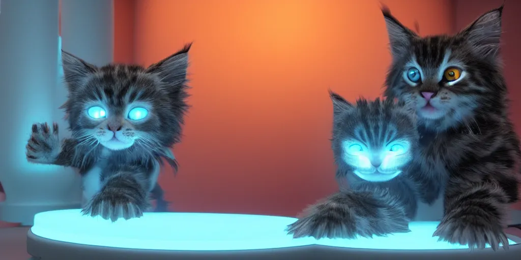 Image similar to a 3 d rendered movie still a cute robotic kitten with rgb ambient lighting implants. the robot maine coon kitten. in the background is a cyberpunk cat tree with rgb dramatic lighting. science fiction blockbuster movie from the future, imax 7 0 mm. octane 3 d render, style of mandalorian ( american space western television series )