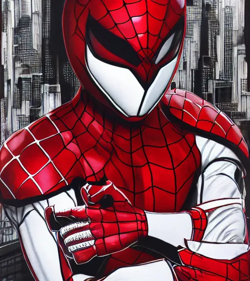 Prompt: detailed fullbody portrait white ranger from power ranger spiderman by yusuke murata and masakazu katsura, artstation, highly - detailed, red helmet, helmet with web spider details, black handwraps, black legs, black boots, cgsociety, pencile and ink, city in the background, dark colors, intricate details