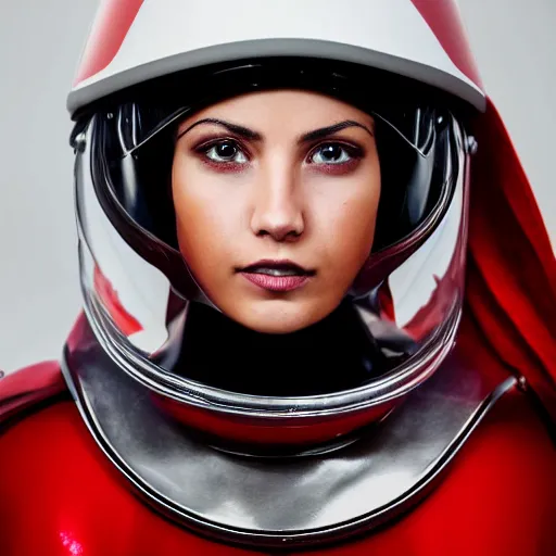 Image similar to headshot of a beautiful female soldier, no makeup, in glossy sleek white armor and a long red cape, looking up at camera, determined expression, no helmet, on the surface of mars, cinematic, sci-fi, hyperrealistic, detailed