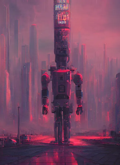 Image similar to a painting of a giant robot standing in front of a city, cyberpunk art by mike winkelmann, behance contest winner, nuclear art, dystopian art, apocalypse art, sci - fi