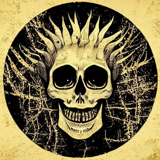 Image similar to dark death metal themed vector illustration for a record label, trees. forest, spikes, skull, microphone, skull, award winning, grunge, iconic, golden ratio