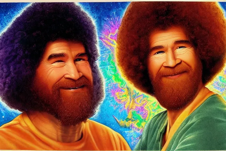 Image similar to bird's eye view of a god transubstantiating into a human being, highly detailed, realistic, as drawn by bob ross and lisa frank