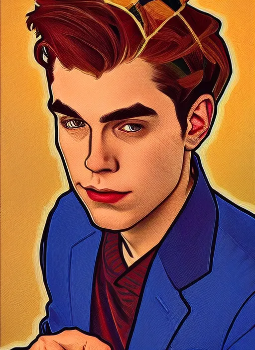 Prompt: oil portrait of archie andrews with a really small jughead jones sitting on his shoulder, intricate, elegant, highly detailed, lighting, painting, artstation, smooth, illustration, art by greg rutowski and alphonse mucha