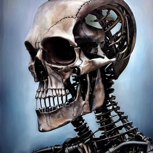 Image similar to terminator steel skeleton, looking away from camera, framed painting, digital painting, concept art, hyperrealism vrubel