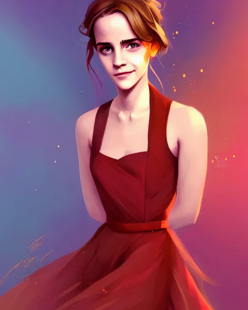 Image similar to a portrait of a beautiful full body Emma Watson smiling, pretty gold and red dress, art by lois van baarle and loish and ross tran and rossdraws and sam yang and samdoesarts and artgerm, digital art, highly detailed, intricate, sharp focus, Trending on Artstation HQ, deviantart, unreal engine 5, 4K UHD image