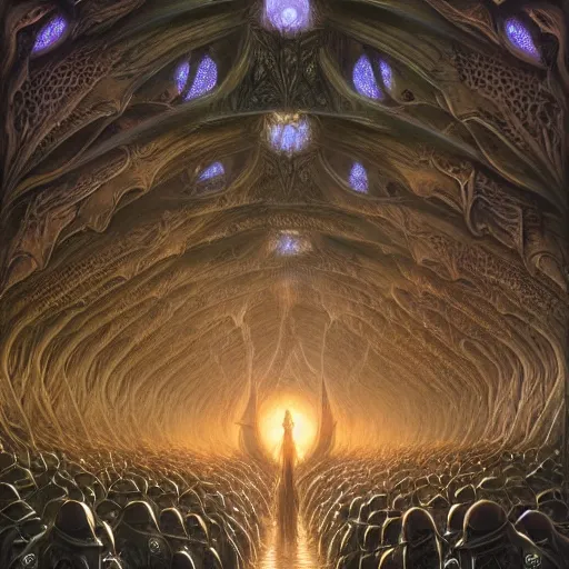 Image similar to a dark cabal of multiple hooded elven mystics in long robes gathered in a circular formation around a quantum computer, advanced technology, dan seagrave, michael whelan art, beautifully detailed epic scifi art, symmetrical, cgsociety, artstation