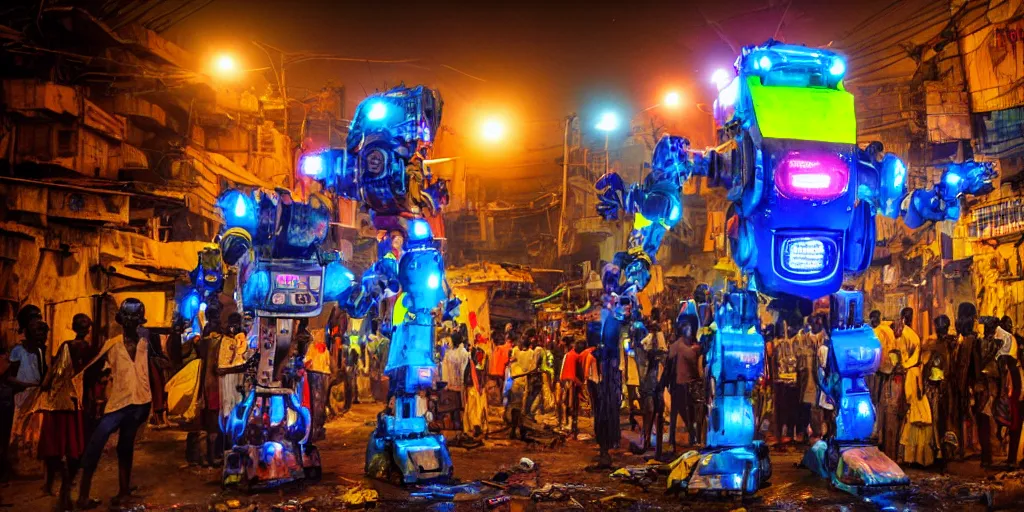 Image similar to colourful giant mecha ROBOT of AJEGUNLE SLUMS in Lagos, markings on robot, neon lit slum, night time,