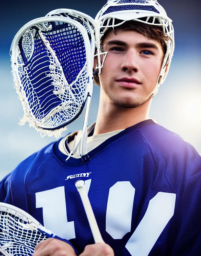 Image similar to closeup portrait of very beautiful cute male lacrosse player in a penn state stadium, glamour pose, particle effects, backlit, highly detailed, soft ambient lighting, sharp focus, rule of thirds, artgerm, wlop, arney freytag, rossdraws, frank frazetta, andrei riabovitchev, hd, octane, 4 k