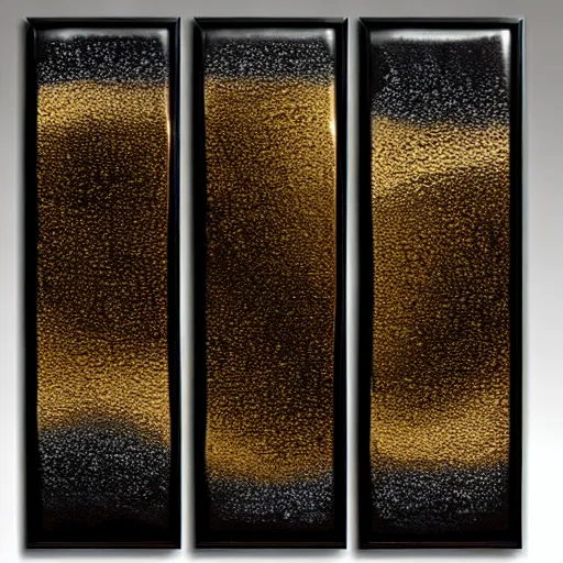 Image similar to a pour painting triptych, gold black silver colors, abstract, thick paint, glossy, resin coated