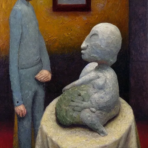 Prompt: an impasto painting by shaun tan of an abstract sculpture by the caretaker and ivan seal ( 1 9 0 0 )