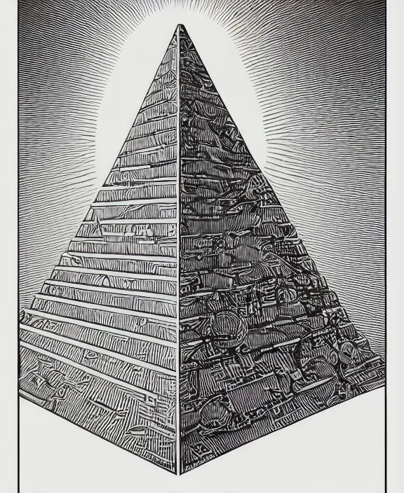 Image similar to realistic space mothership in the shape of pyramid with book tractor beam on white background, art by james o barr and albrecht durer, woodblock print, engraved, black and white, vector, vector art