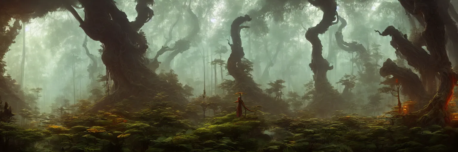 Image similar to Mysterious beautiful Buddhist forest, matte painting by Peter Mohrbacher and Craig Mullins, featured in artstation, octane render, cinematic, elegant, intricate, 8k