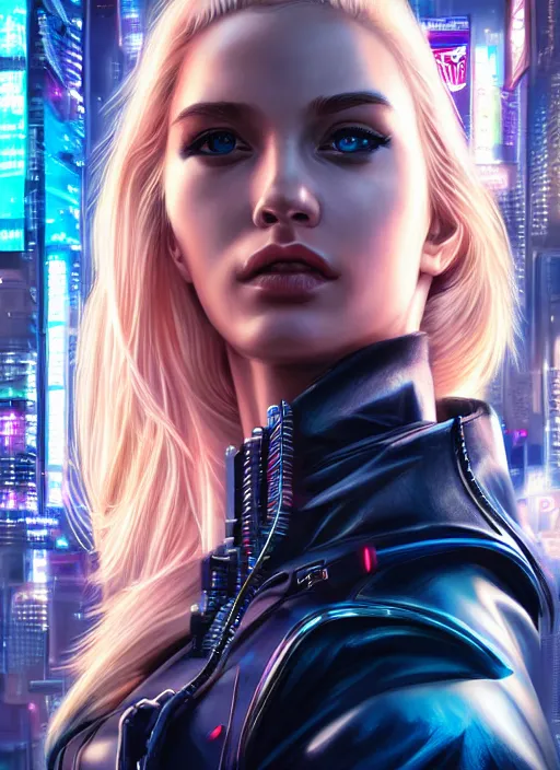 Image similar to photo of a gorgeous blonde female in cyberpunk city, realistic, sharp focus, 8 k high definition, insanely detailed, intricate, elegant, artgerm, greg kutkowski, high contrast dramatic lighting