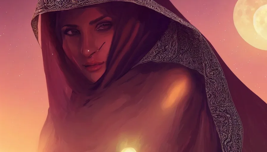 Image similar to Portrait of very very very very very very beautiful Arab woman wearing a Niqab, glowing magical eyes, energy trails, under giant full moon in the desert, intricate, elegant, highly detailed, digital painting, artstation, concept art, smooth, sharp focus, illustration, art by artgerm and greg rutkowski and alphonse mucha