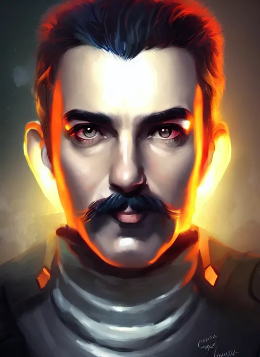 Image similar to « a portrait o cyberpunk joseph stalin, glowing eyes, a digital painting by charlie bowater, featured on cgsociety, fantasy art, behance hd, wiccan, artstation hd »