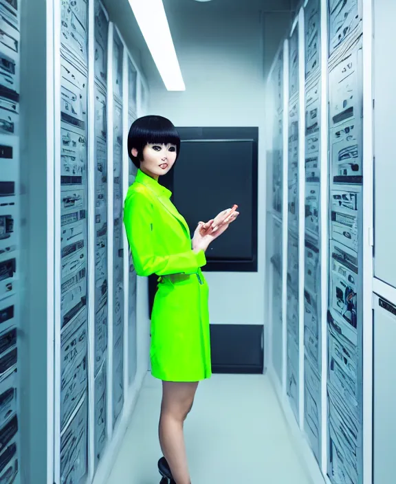 Image similar to asian girl, neon green bobbed and bowl cut hair, standing in a server room, wearing business casual dress, 4 k, vaporwave, cinecolor, perfect detail, realism