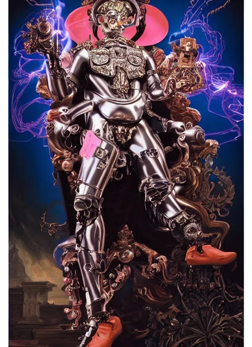 Prompt: full-body rococo and cyberpunk style sculpture of a young seductive Latino prince half android with a chest exposing circuitry, glowing pink seductive laser eyes, crown of blue sparks and diamonds, swirling orange-colored silk fabric, robotic raptors. baroque elements. full-length view. intricate artwork by caravaggio. art by Artgerm and Greg Rutkowski and Alphonse Mucha, Trending on artstation, cinematic industrial lighting, hyper realism, octane render, 8k, depth of field, 3D