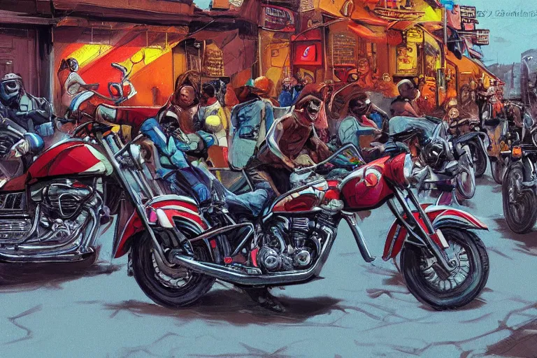 Prompt: motorcycles outside of bar roadside illustration by jack kirby artstation 4 k 8 k graphic novel concept art matte painting