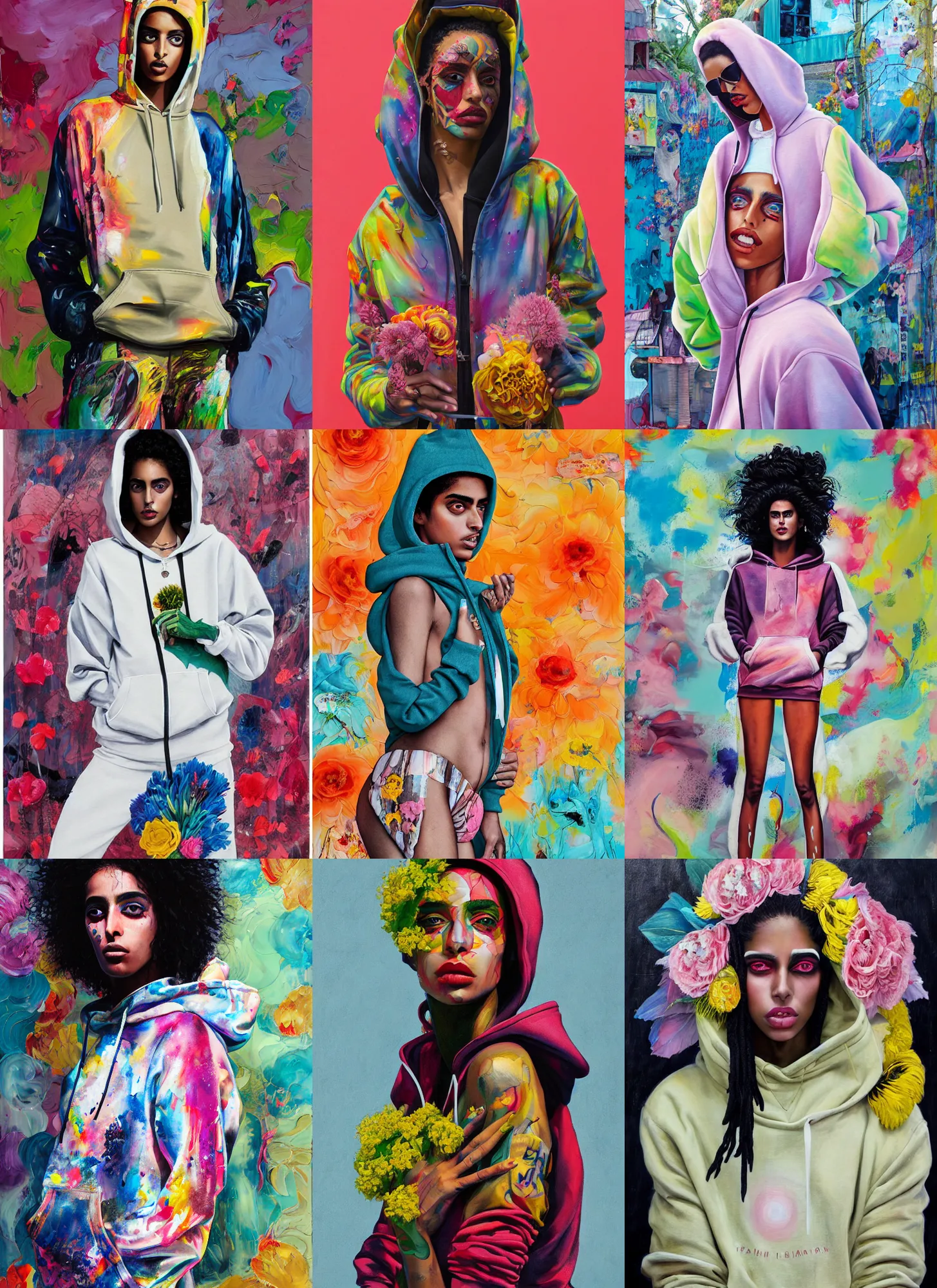 Prompt: imaan hammam wearing a hoodie standing in a township street in the style of andrei riabovitchev, street clothing, haute couture! fashion!, full figure painting by martine johanna, tara mcpherson, david choe, decorative flowers, detailed painterly impasto brushwork, pastel color palette, die antwoord