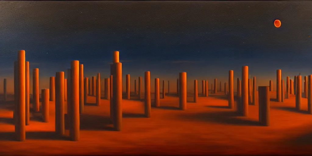 Prompt: Land populated with large cubic pillars of varying heights made out of light wood, night sky, moody lighting, surrealism realism, oil on canvas