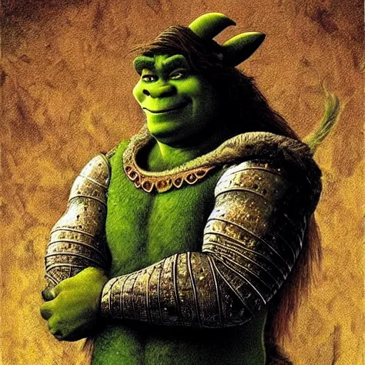 Image similar to shrek from shrek as a glorious devout shining powerful epic amazing awesome very handsome attractive muscular stylish knight in shining golden armor riding donkey, fantasy art, hyper detailed, extremely complex, hyper realistic, slightly similar to the mona lisa, art by leonardo devinci