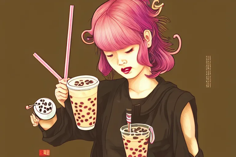 Image similar to drinking boba tea, 9 0 s art, adorable, phantom, dreary, dramatic, fluid, golden ratio, artstation, moebius + loish, hd,