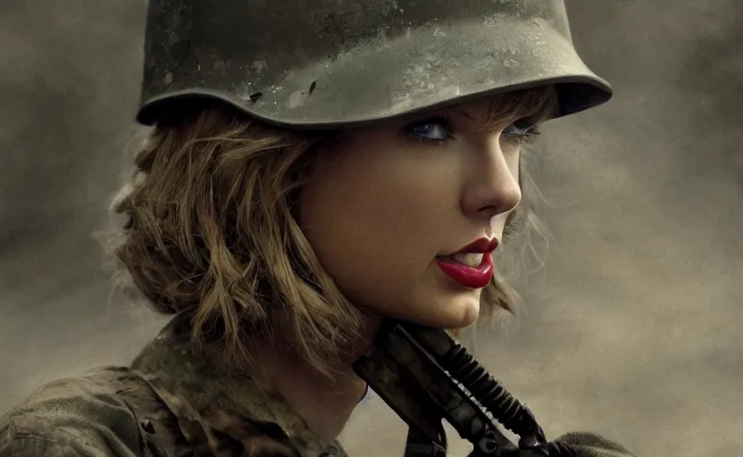 Image similar to a still of Taylor Swift in the movie Saving Private Ryan, mystery horror, cinematic gritty lighting, grainy film, artstation, DeviantArt,