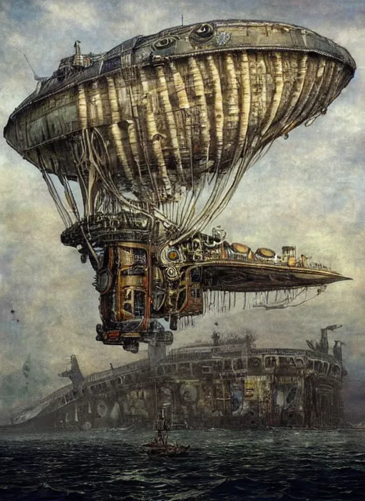 Image similar to giant floating steampunk airship, by Mikhail Vrubel, trending on artstation