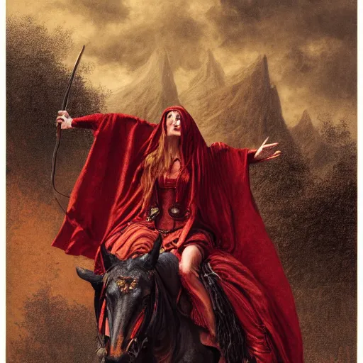 Image similar to a masterpiece! photographic portrait of a a cloaked woman riding the back of a scarlet - colored beast with seven heads!! and ten horns!! by gustave dore and sam spratt and allen williams, trending on artstation, cgsociety, 8 k hd, earthtone colors,