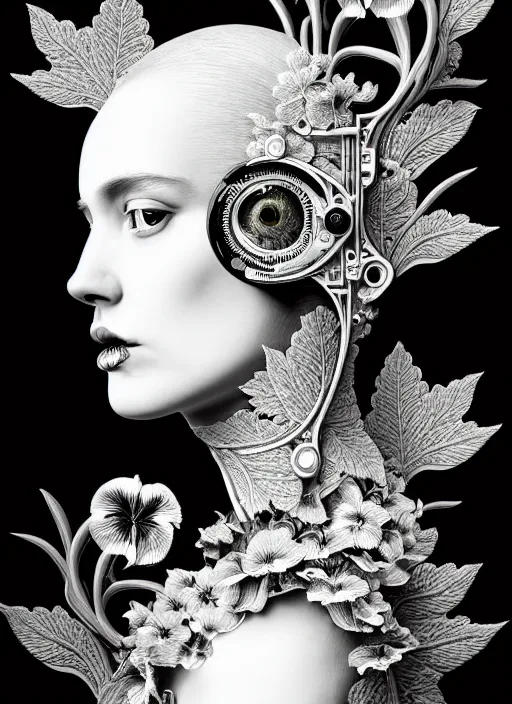 Image similar to monochrome profile portrait painting, dutch masters, silver lace floral steampunk biomechanical beautiful one techno eye young female cyborg, big monocular, volumetric light, leaves foliage and stems, hibiscus flowers, alexander mcqueen, rim light, big gothic fashion pearl embroidered collar, 8 k