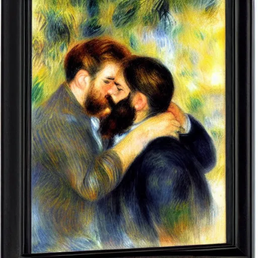 Image similar to art by renoir, bearded man kissing bearded man