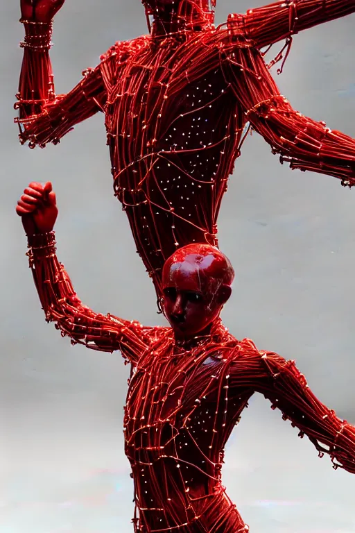 Image similar to a statue jesus on cross made of red marble with wires, tubes, veins, perfect symmetrical body, full body shot, inflateble shapes, white biomechanicaldetails, wearing epic bionic cyborg implants, masterpiece, intricate, biopunk, vogue, highly detailed, artstation, concept art, cyberpunk, octane render