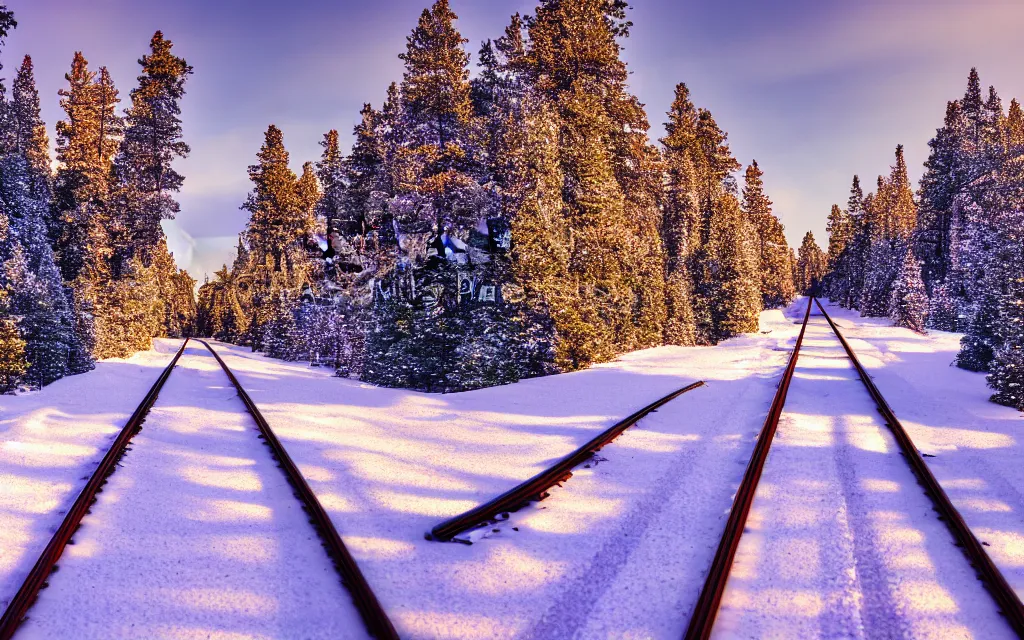 Prompt: perspective looking down a long train track in the snow in winter with calm snow falling, pine trees line the train tracks on either side, desolate and calm winter landscape scene looking down train tracks into the horizon, faint sun setting orange and pinks and purples in the grey snow glistening, 4 k photorender realityengine hyperdetailed vivid