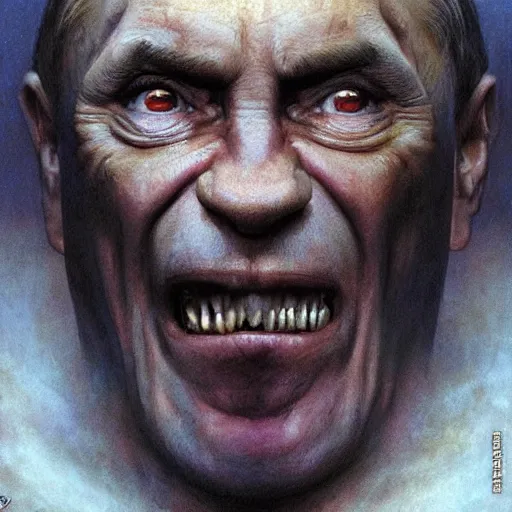 Prompt: vladimir putin, putin is bald caveman, vladimir putin awe face, toothless horror macabre face, clown nose, by donato giancola and greg rutkowski and wayne barlow and zdzisław beksinski, realistic face, digital art